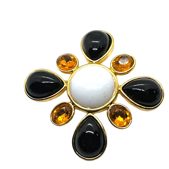 Joan Rivers Maltese Cross Brooch Pin Signed Large Black Faux Amber & Pearl Gems